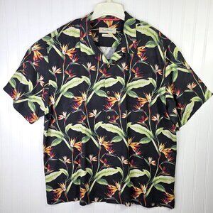 Tommy Bahama Silk Shirt Mens 2XL Black Hawaiian Bird Of Paradise Aloha Coastal
